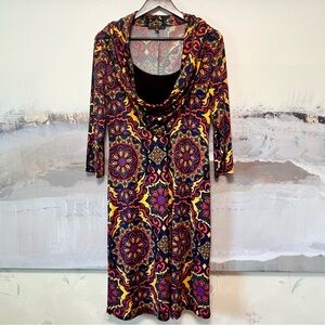 TIANA B. Slinky Liquid Knit Midi Dress Women S Paisley BOHO Drop Cowl Neck Retro